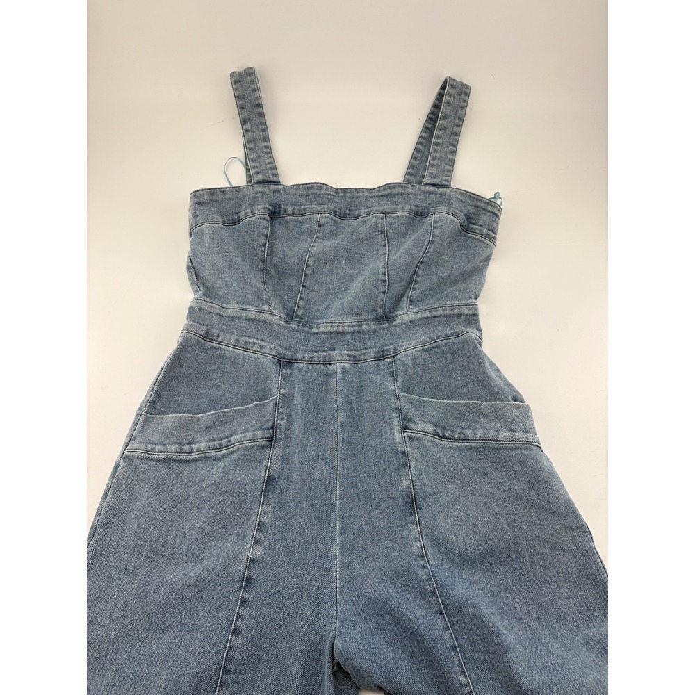 So Me Blue Denim Wide Leg Jumpsuit Sleeveless Square Neck JB1182-01 Medium NWT